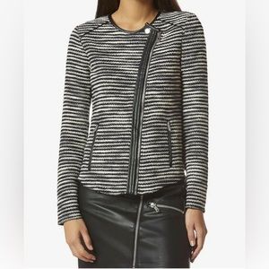 Avec Les Filles Womens Sweater Large Black White Moto Tweed Faux Leather Trim